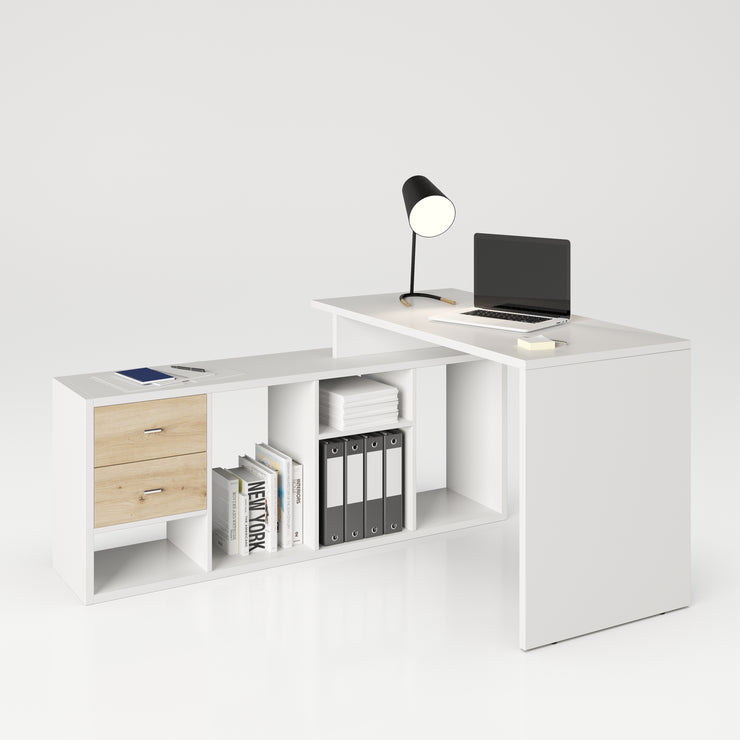 Fortuna - SET , Regal mit 6 Fächern inkl. Schreibtischanbau, Bücherregal, Büroregal, Raumteiler, Fächer in asymmetrischer Aufteilung