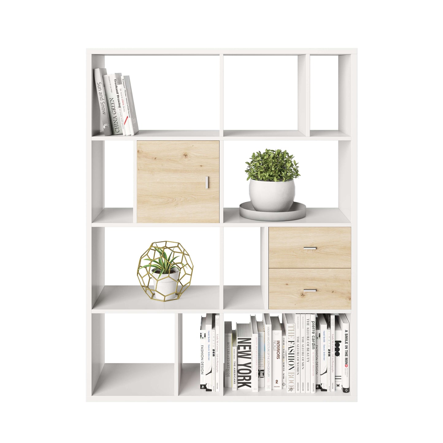 Fortuna - SET Regal mit 12 Fächern inkl. Tür-/Schubladeneinsatz, Bücherregal, Büroregal, Raumteiler, Fächer in asymmetrischer Aufteilung