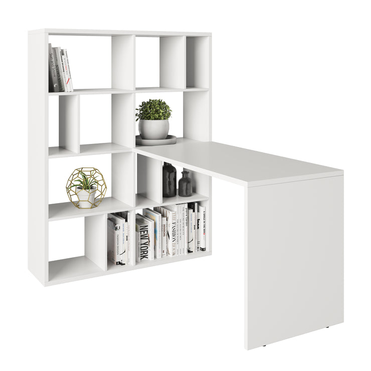Fortuna - SET , Regal mit 12 Fächern inkl. Schreibtischanbau, Bücherregal, Büroregal, Raumteiler, Fächer in asymmetrischer Aufteilung