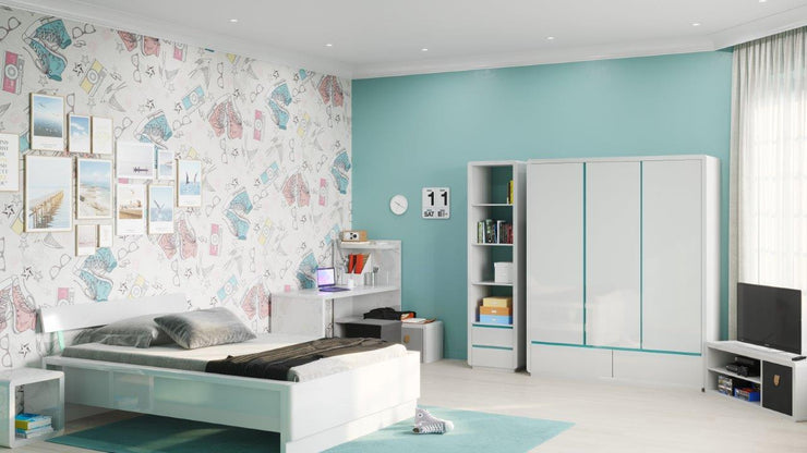 Prana - Highboard, Kommode, Schrank mit 4 Türen mit gefrästen Griffleisten und bunten, wechselbaren Griffleisten, abgerundete Kanten, weiss hochglanz - einrichten-24, Kommoden & Sideboards 