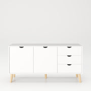 SCANDI - Sideboard mit 2 Türen mit Soft-Close, breitem Einlegeboden und 3 Schubladen, Massivholzfüße, weiß matt lackiert