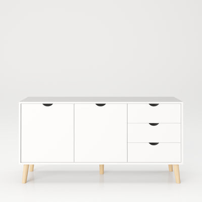 SCANDI - Sideboard mit 2 Türen mit Soft-Close, breitem Einlegeboden und 3 Schubladen, Massivholzfüße, weiß matt lackiert