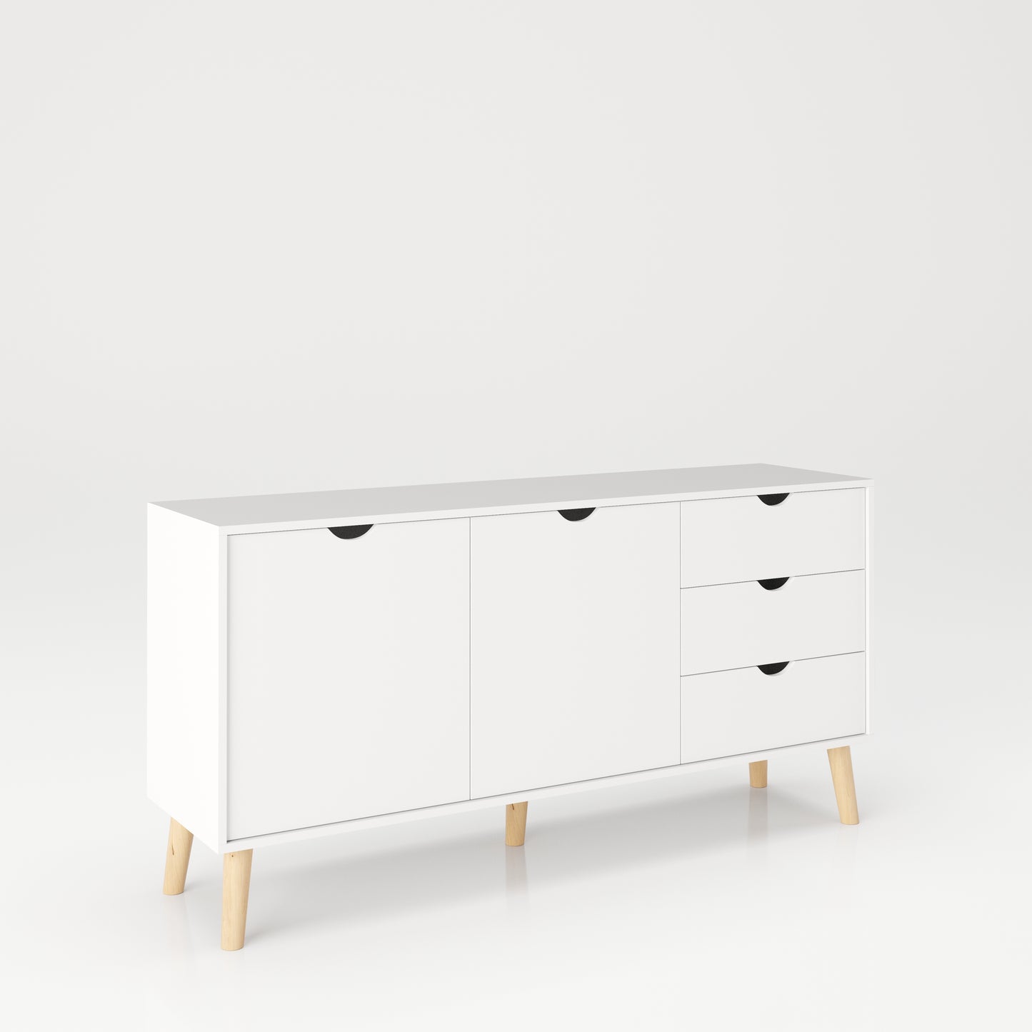 SCANDI - Sideboard mit 2 Türen mit Soft-Close, breitem Einlegeboden und 3 Schubladen, Massivholzfüße, weiß matt lackiert
