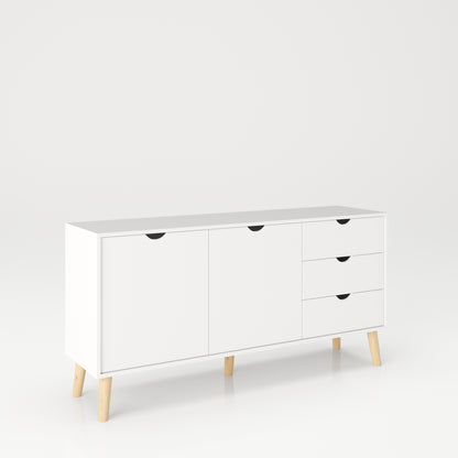 SCANDI - Sideboard mit 2 Türen mit Soft-Close, breitem Einlegeboden und 3 Schubladen, Massivholzfüße, weiß matt lackiert