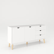 SCANDI - Sideboard mit 2 Türen mit Soft-Close, breitem Einlegeboden und 3 Schubladen, Massivholzfüße, weiß matt lackiert