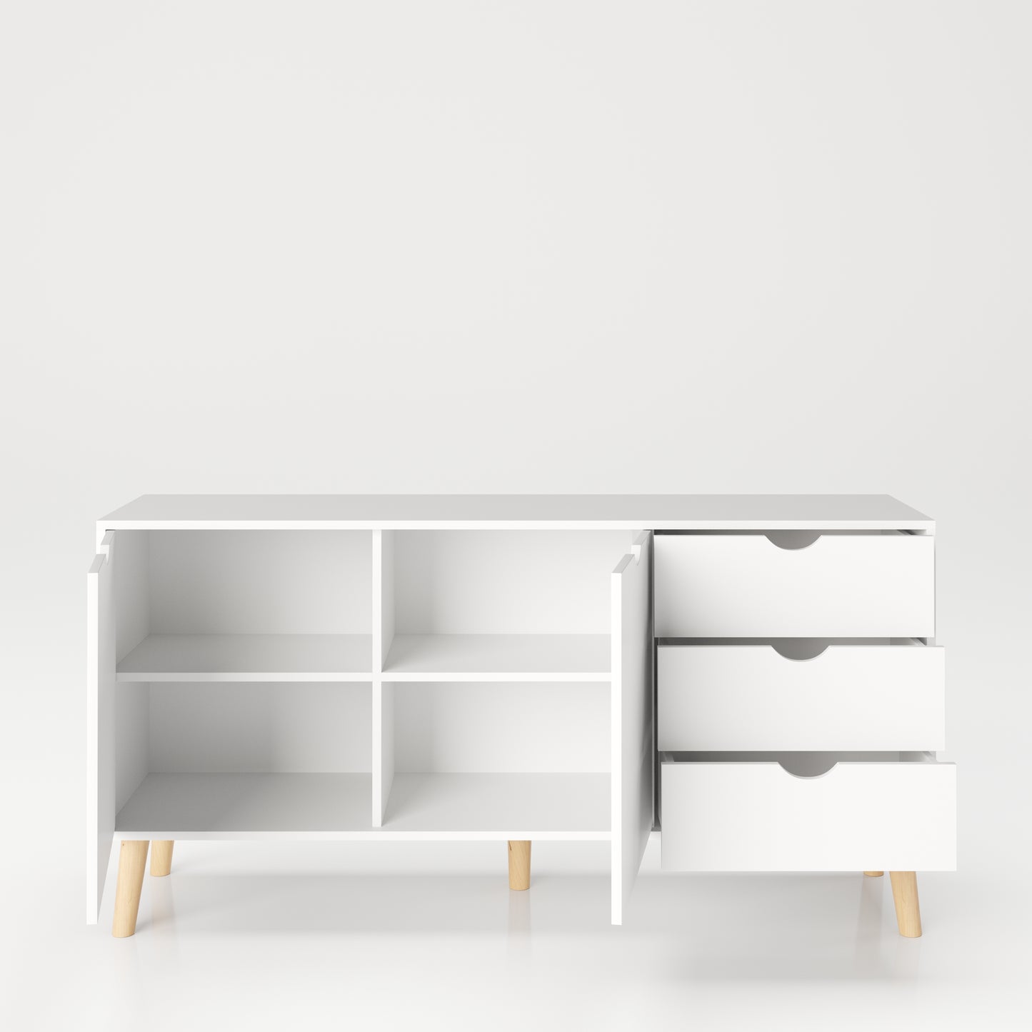 SCANDI - Sideboard mit 2 Türen mit Soft-Close, breitem Einlegeboden und 3 Schubladen, Massivholzfüße, weiß matt lackiert