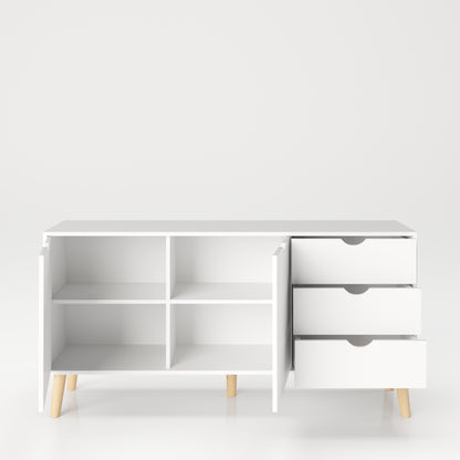 SCANDI - Sideboard mit 2 Türen mit Soft-Close, breitem Einlegeboden und 3 Schubladen, Massivholzfüße, weiß matt lackiert