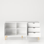 SCANDI - Sideboard mit 2 Türen mit Soft-Close, breitem Einlegeboden und 3 Schubladen, Massivholzfüße, weiß matt lackiert