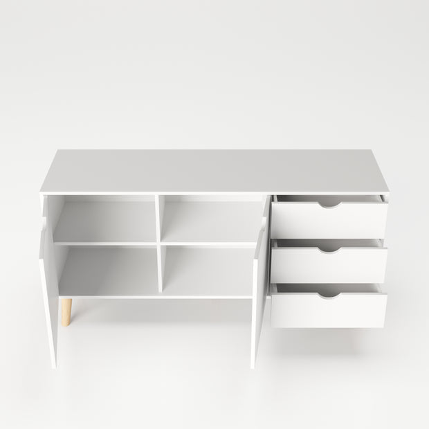 SCANDI - Sideboard mit 2 Türen mit Soft-Close, breitem Einlegeboden und 3 Schubladen, Massivholzfüße, weiß matt lackiert