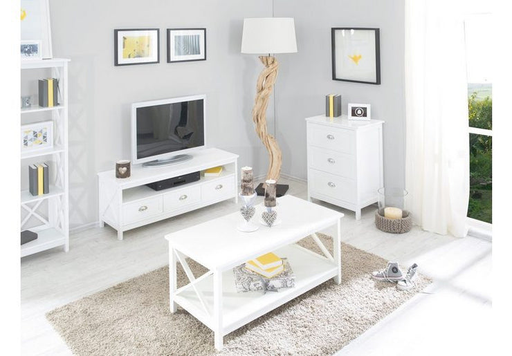 Country - Lowboard, TV Möbel, Mediamöbel mit 1 breiten Ablage und 3 Schubladen, weiss lackiert, Metallgriffe, romantischer Landhausstil - einrichten-24, Couch- & Beistelltische 