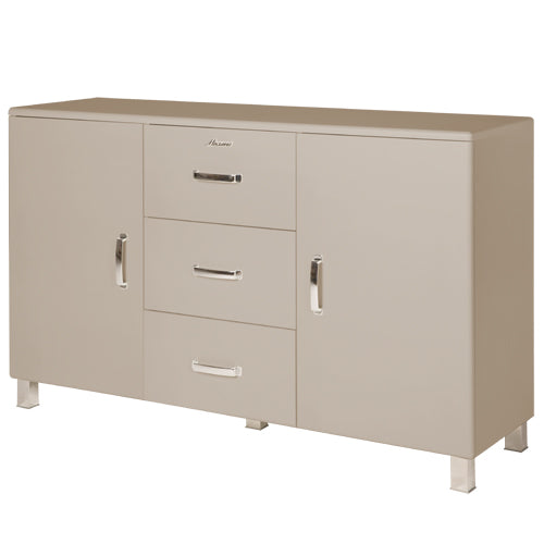 Miami - Sideboard, Kommode, Buffet mit 2 Türen mit Soft Close und 3 Schubladen mit Vollauszug und Kugellager, Autometallic Lackierung, chromfarbene Griffe, Füsse und Logo aus hochwertigem Autoschriftzug, Taupe Metallic Matt