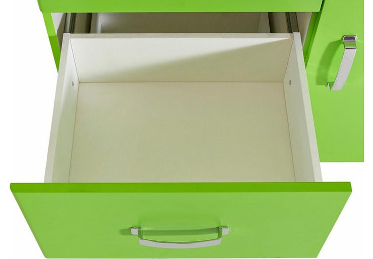 Miami Schuhschrank mit 2 Türen und 2 Schubladen und Soft-Close Beschlägen, Autometallic Lackierung, chromfarbene Griffe, Füsse und Logo aus hochwertigem Autoschriftzug, in Grün