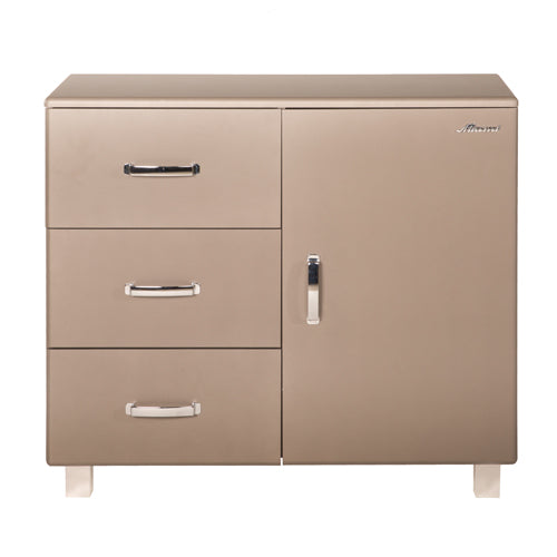 Miami Sideboard mit 1 Türen und 3 Schubladen mit Vollauszug und Soft-Close Beschlägen, Autometallic Lackierung, chromfarbene Griffe, Füsse und Logo aus hochwertigem Autoschriftzug, in taupe