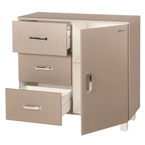 Miami Sideboard mit 1 Türen und 3 Schubladen mit Vollauszug und Soft-Close Beschlägen, Autometallic Lackierung, chromfarbene Griffe, Füsse und Logo aus hochwertigem Autoschriftzug, in taupe