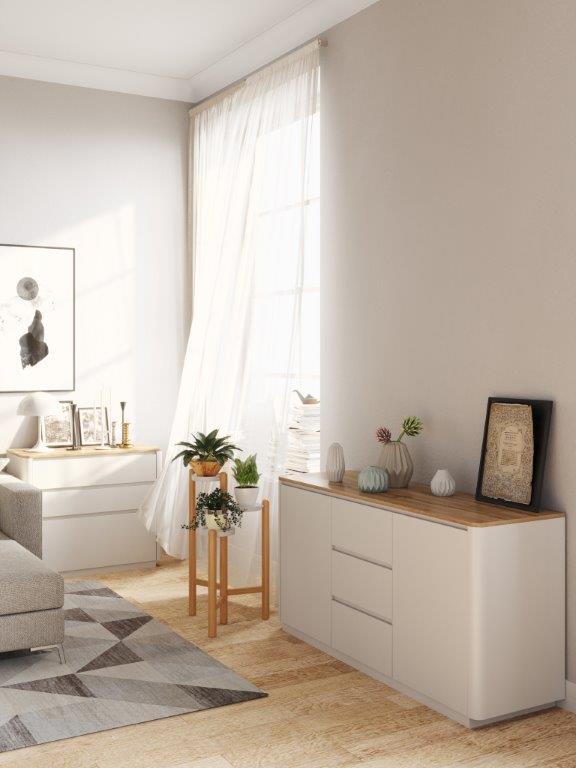Arctic - Sideboard mit 3 Schubladen und 2 Türen, eingefräste Griffkanten, Oberplatte im Holzdekor, weiss matt lackiert - einrichten-24, Kommoden & Sideboards 