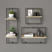 Soho - Wandregal , Floating Shelf, viel Stauraum, 2 Regalböden, Materialkombination aus schwarz-mattem Metall und Eiche-Holzdekor
