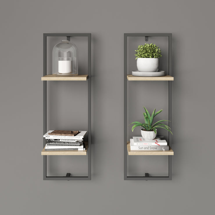 Soho - Wandregal , Floating Shelf, viel Stauraum, 2 Regalböden, Materialkombination aus schwarz-mattem Metall und Eiche-Holzdekor