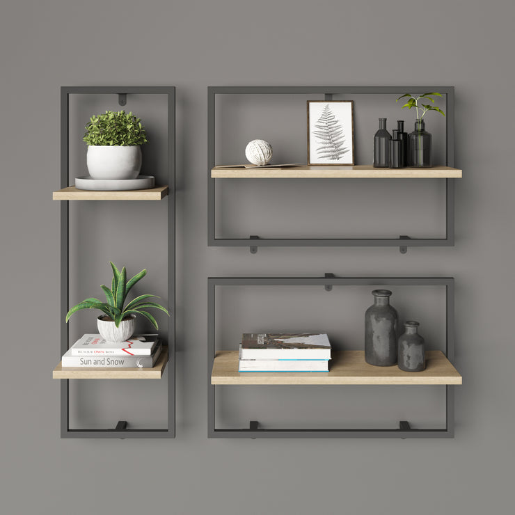 Soho - Wandregal , Floating Shelf, viel Stauraum, Materialkombination aus schwarz-mattem Metall und Eiche-Holzdekor