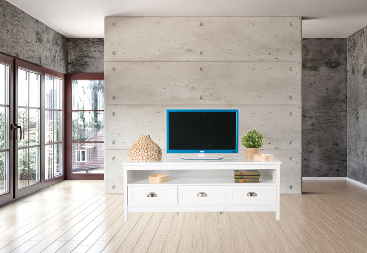 Country - Lowboard, TV Möbel, Mediamöbel mit 1 breiten Ablage und 3 Schubladen, weiss lackiert, Metallgriffe, romantischer Landhausstil - einrichten-24, Couch- & Beistelltische 