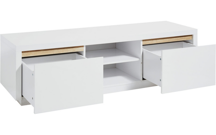 Solina - Lowboard, TV-Möbel, Sideboard mit 2 offene Ablagefächern inkl Kabelöffnung und 2 Schubladen mit gefrästen Griffen und Griffleisten in Eiche Sägerau, weiss hochglanz - einrichten-24, TV- & Mediamöbel 