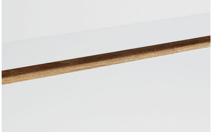 Solina - Lowboard, TV-Möbel, Sideboard mit 2 offene Ablagefächern inkl Kabelöffnung und 2 Schubladen mit gefrästen Griffen und Griffleisten in Eiche Sägerau, weiss hochglanz - einrichten-24, TV- & Mediamöbel 
