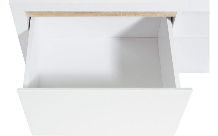 Solina - Lowboard, TV-Möbel, Sideboard mit 2 offene Ablagefächern inkl Kabelöffnung und 2 Schubladen mit gefrästen Griffen und Griffleisten in Eiche Sägerau, weiss hochglanz - einrichten-24, TV- & Mediamöbel 