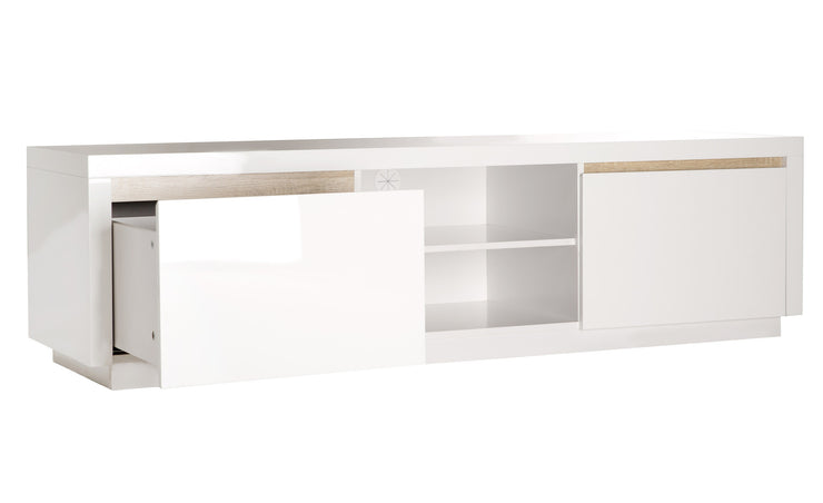 Solina - Lowboard, TV-Möbel, Sideboard mit 2 offene Ablagefächern inkl Kabelöffnung und 2 Schubladen mit gefrästen Griffen und Griffleisten in Eiche Sägerau, weiss hochglanz - einrichten-24, TV- & Mediamöbel 