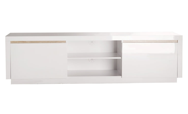 Solina - Lowboard, TV-Möbel, Sideboard mit 2 offene Ablagefächern inkl Kabelöffnung und 2 Schubladen mit gefrästen Griffen und Griffleisten in Eiche Sägerau, weiss hochglanz - einrichten-24, TV- & Mediamöbel 
