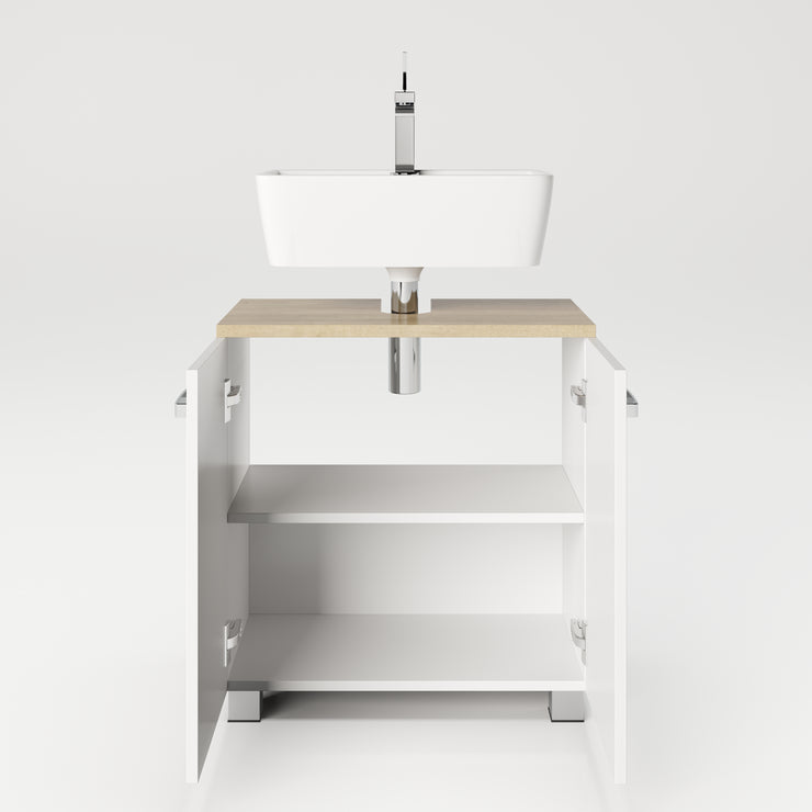 Cosmo Badmöbel - Waschbeckenunterschrank mit viel Stauraum, 2 Fächer und Soft-Close-Funktion, ABS-Schutzkanten, Optik Weiss / Artisan Eiche