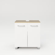 Cosmo Badmöbel - Waschbeckenunterschrank mit viel Stauraum, 2 Fächer und Soft-Close-Funktion, ABS-Schutzkanten, Optik Weiss / Artisan Eiche