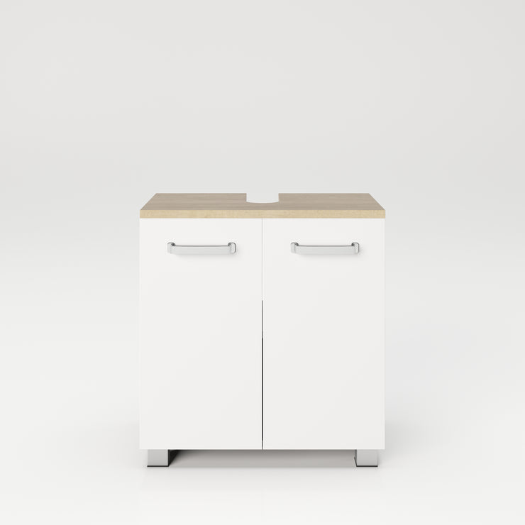 Cosmo Badmöbel - Waschbeckenunterschrank mit viel Stauraum, 2 Fächer und Soft-Close-Funktion, ABS-Schutzkanten, Optik Weiss / Artisan Eiche