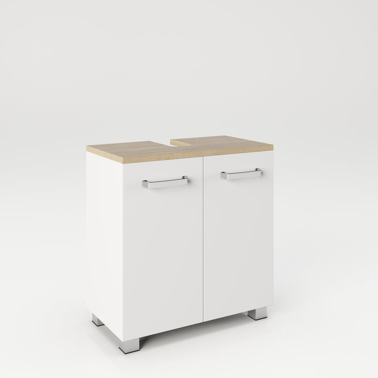 Cosmo Badmöbel - Waschbeckenunterschrank mit viel Stauraum, 2 Fächer und Soft-Close-Funktion, ABS-Schutzkanten, Optik Weiss / Artisan Eiche