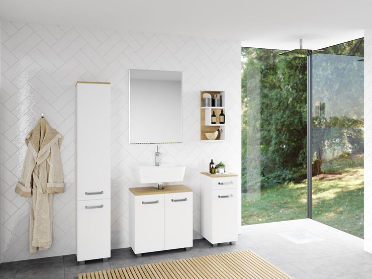 Cosmo Badmöbel - Waschbeckenunterschrank mit viel Stauraum, 2 Fächer und Soft-Close-Funktion, ABS-Schutzkanten, Optik Weiss / Artisan Eiche