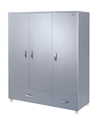 Miami - Kleiderschrank 3türig mit 2 Schubladen, inkl Kleiderstange und 4 Böden, Soft-Close, Autometallic Lackierung, chromfarbene Griffe, Füsse und Logo aus hochwertigem Autoschriftzug, grau