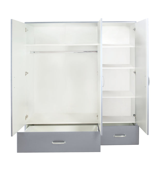 Miami - Kleiderschrank 3türig mit 2 Schubladen, inkl Kleiderstange und 4 Böden, Soft-Close, Autometallic Lackierung, chromfarbene Griffe, Füsse und Logo aus hochwertigem Autoschriftzug, grau