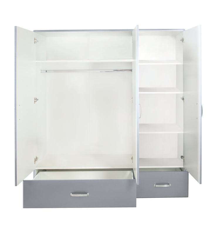 Miami - Kleiderschrank 3türig mit 2 Schubladen, inkl Kleiderstange und 4 Böden, Soft-Close, Autometallic Lackierung, chromfarbene Griffe, Füsse und Logo aus hochwertigem Autoschriftzug, grau
