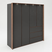 PLAYBOY - Kleiderschrank "VICTORIA" mit 4 Türen und 3 Schubladen, sanft-schliessend, inkl Kleiderstange, Einlegeböden und LED-Beleuchtung, Walnuss-Dekor/Grau, Retro-Design,Kleiderschrank - playboy