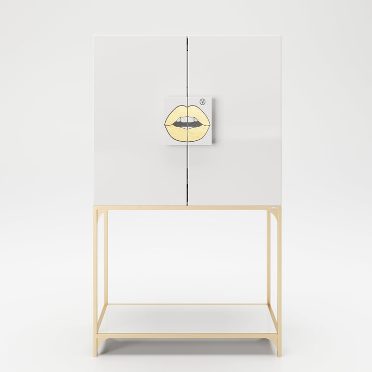PLAYBOY - Bar "BRANDI" mit viel Stauraum, Spiegel-Rückwand, LED Beleuchtung, in Gold mit Weiss,Bar - playboy