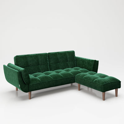 PLAYBOY - Sofa mit Fussablage "SCARLETT" gepolsterte Couch mit Bettfunktion, Samtstoff in Grün mit Massivholzfüsse, Retro-Design,Sofas & Ottomane - playboy