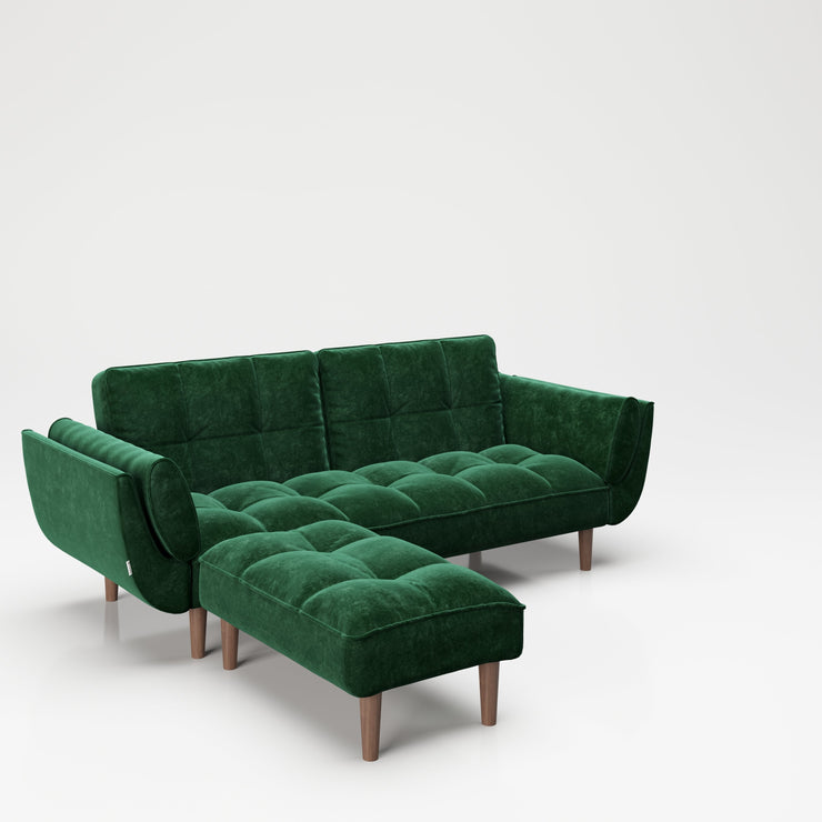 PLAYBOY - Sofa mit Fussablage "SCARLETT" gepolsterte Couch mit Bettfunktion, Samtstoff in Grün mit Massivholzfüsse, Retro-Design,Sofas & Ottomane - playboy