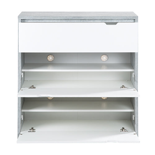 Bruno - Schuhschrank, Schuhkipper mit 2 Klappen und 1 Schublade, Beton Optik und weissen Fronten - einrichten-24,  