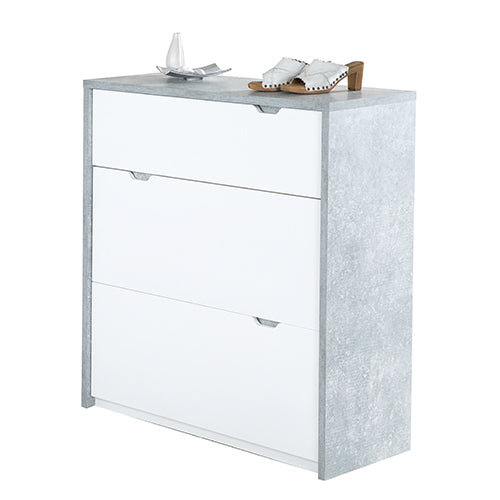 Bruno - Schuhschrank, Schuhkipper mit 2 Klappen und 1 Schublade, Beton Optik und weissen Fronten - einrichten-24,  