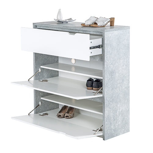 Bruno - Schuhschrank, Schuhkipper mit 2 Klappen und 1 Schublade, Beton Optik und weissen Fronten - einrichten-24,  