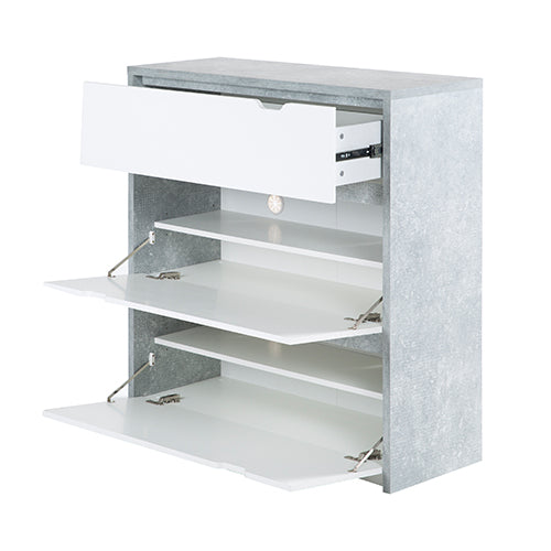 Bruno - Schuhschrank, Schuhkipper mit 2 Klappen und 1 Schublade, Beton Optik und weissen Fronten - einrichten-24,  