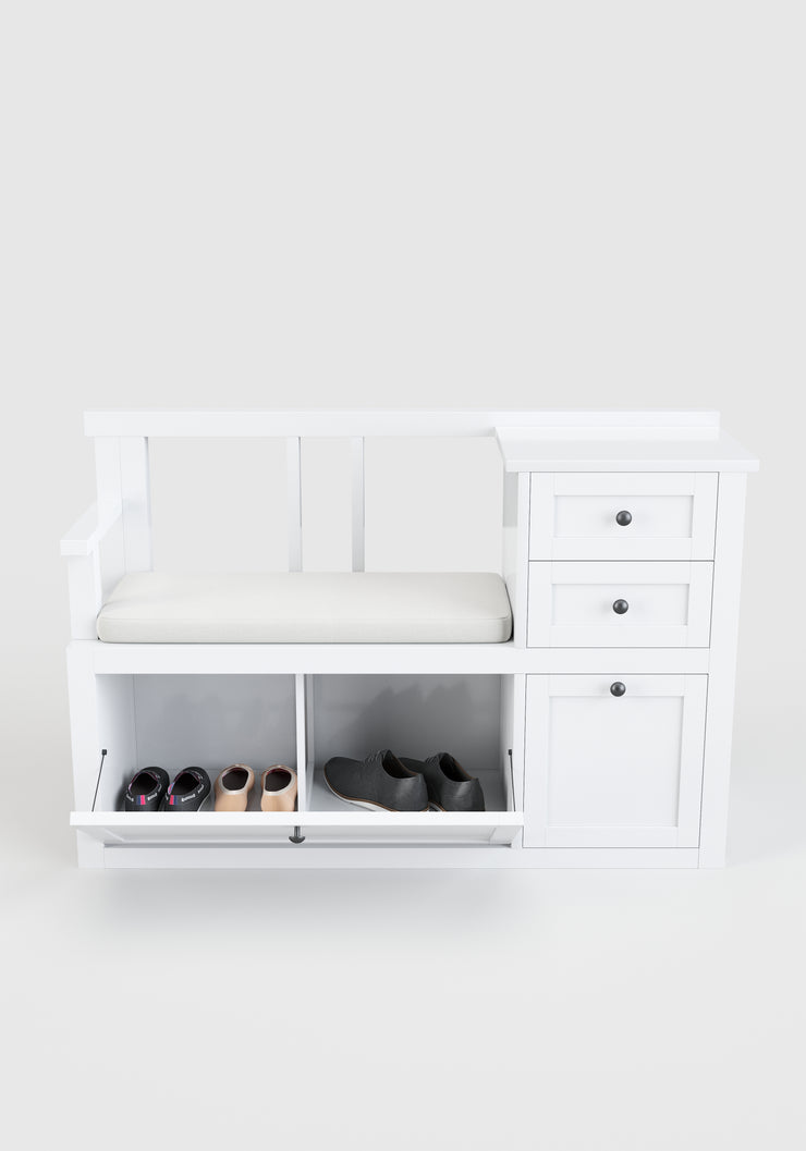 Country - Sitzbank mit 2 Schubladen, 2 Klappen, Arm- und Rückenlehne und integriertem Sitzkissen, weiss lackiert, moderner Landhausstil - einrichten-24, Flur- & Dielenmöbel 