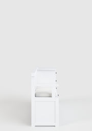 Country - Sitzbank mit 2 Schubladen, 2 Klappen, Arm- und Rückenlehne und integriertem Sitzkissen, weiss lackiert, moderner Landhausstil - einrichten-24, Flur- & Dielenmöbel 