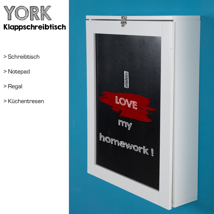 York - Klapptisch, Schreibtisch, Küchentisch, Tresen, Memoboard, Wandregal, der kleine Alleskönner mit viel Stauarum, weiss lackiert - einrichten-24, Büroeinrichtung 