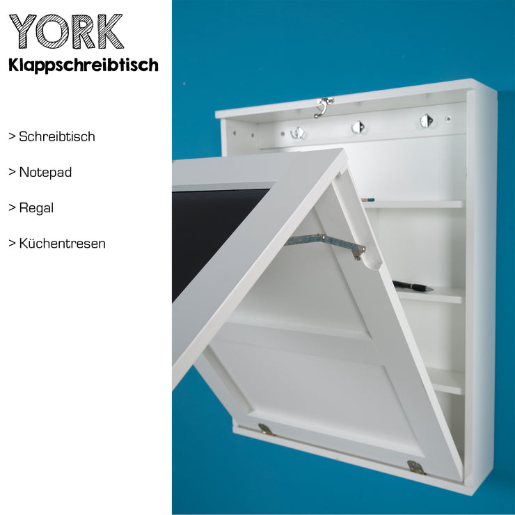 York - Klapptisch, Schreibtisch, Küchentisch, Tresen, Memoboard, Wandregal, der kleine Alleskönner mit viel Stauarum, weiss lackiert - einrichten-24, Büroeinrichtung 