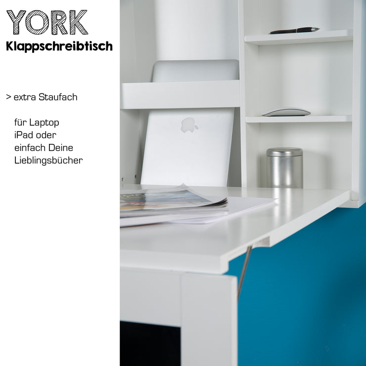 York - Klapptisch, Schreibtisch, Küchentisch, Tresen, Memoboard, Wandregal, der kleine Alleskönner mit viel Stauarum, weiss lackiert - einrichten-24, Büroeinrichtung 