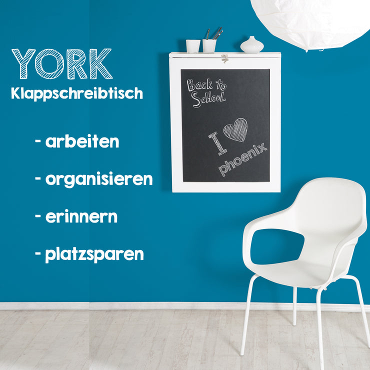 York - Klapptisch, Schreibtisch, Küchentisch, Tresen, Memoboard, Wandregal, der kleine Alleskönner mit viel Stauarum, weiss lackiert - einrichten-24, Büroeinrichtung 